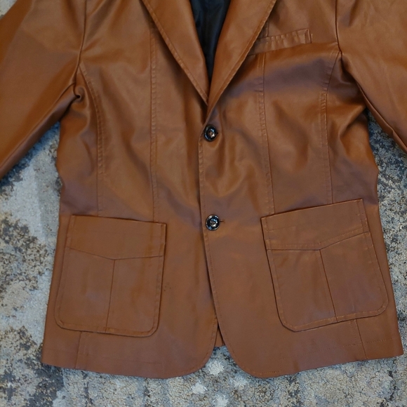 Vegan Leather Blazer Cognac Jacket Sz M Unisex - Picture 2 of 3